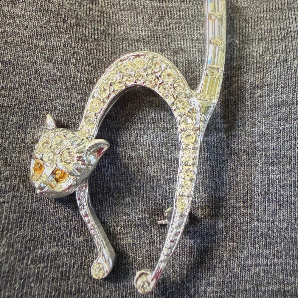 Cat Brooch Silver Tone Rhinestone Clear Golden Honey Vintage Arched Feline 2.25"